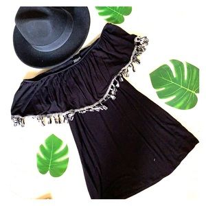 Black tassel off the shoulder shirt
